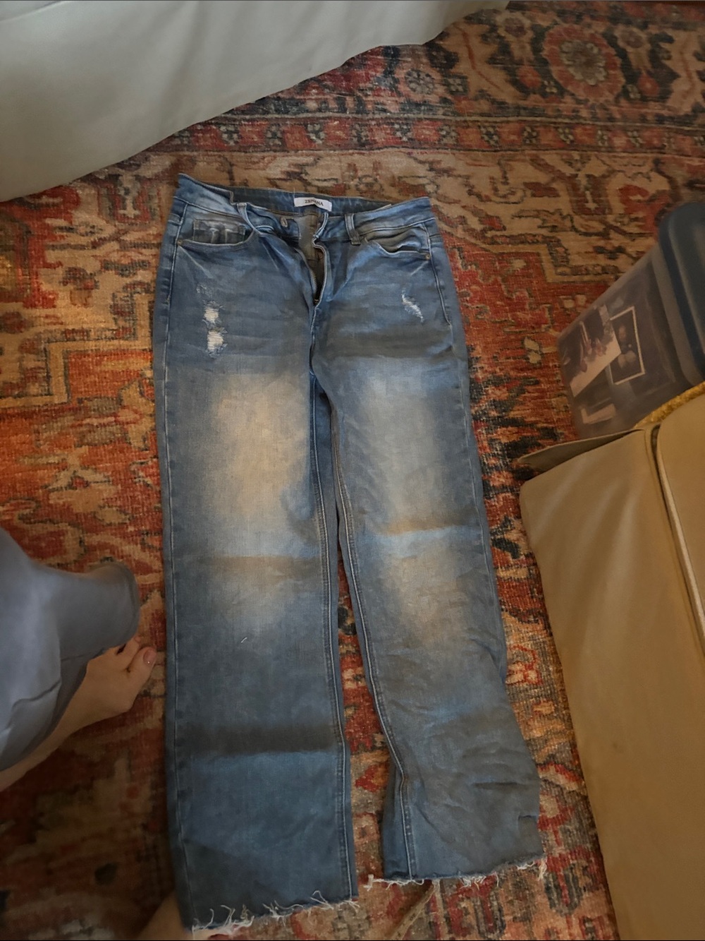 Zenana Outfitters Faded Blue Wide-Leg Distressed Jeans